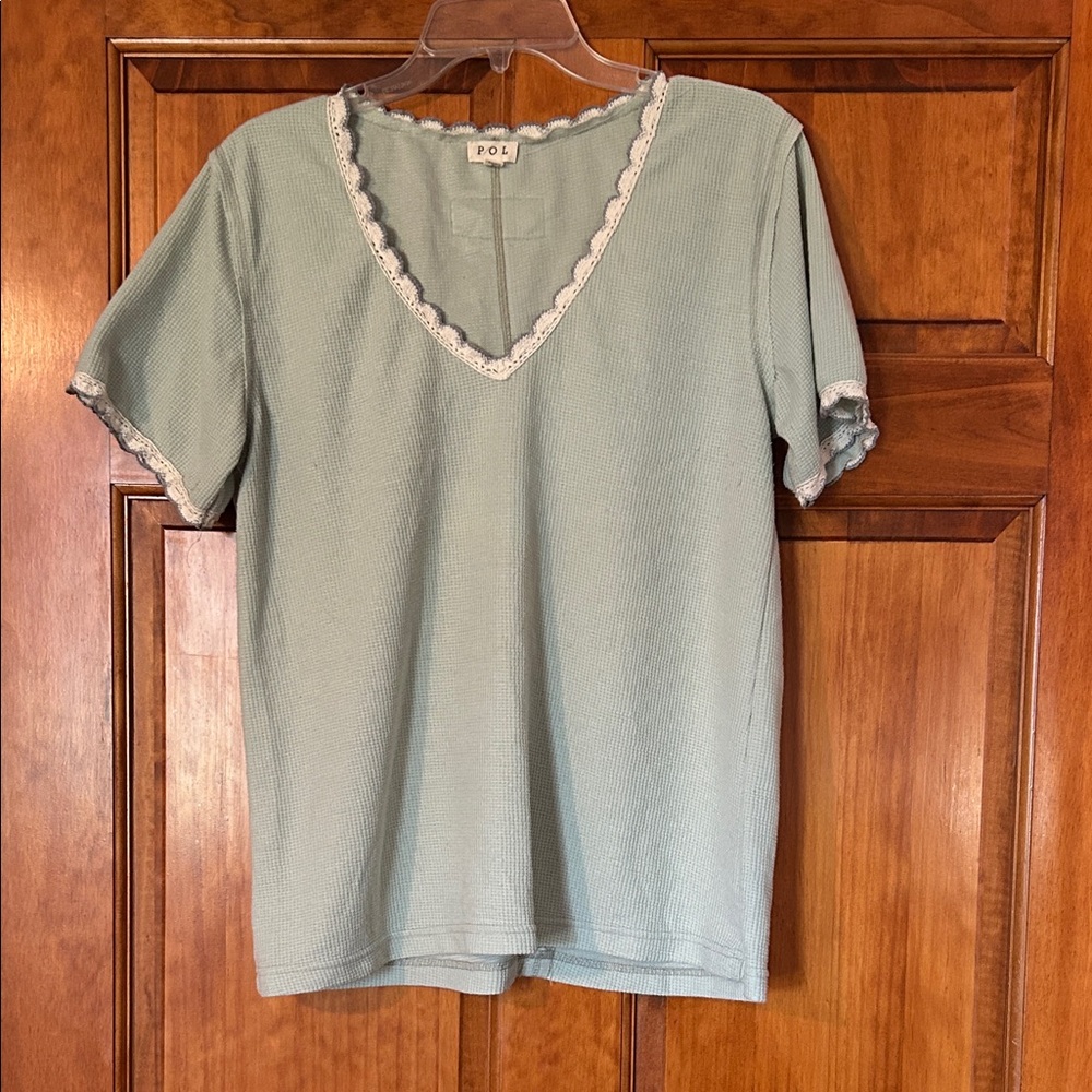 POL Light Blue V-Neck Lace Trim Tee